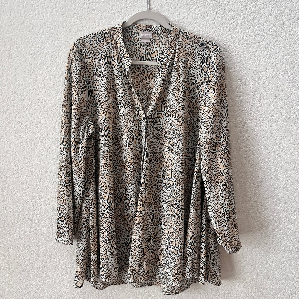 Chicos Leopard Print Button Front Tunic Blouse Flowy Boho Safari Casual Neutral